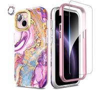 SHEDEER Coque pour iPhone 15,4 en1 Paillette Caméra Protection & Verre Trempé &Bumper &Housse Étui pour iPhone 15 Marbre,Coque pour iPhone 15 avec Paillettes, Brillant, Antichoc,Meteor Shower Violet