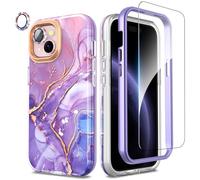 SHEDEER Coque pour iPhone 15,4 en1 Paillette Caméra Protection & Verre Trempé &Bumper &Housse Étui pour iPhone 15 Marbre,Coque pour iPhone 15 avec Paillettes, Brillant, Antichoc,Light Violet