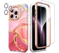 SHEDEER Coque pour iPhone 15 Pro,4 en1 Paillette Caméra Protection & Verre Trempé &Bumper & Housse Étui pour iPhone 15 Pro Marbre, Coque pour iPhone 15 Pro avec Paillettes, Brillant, Antichoc, Rose