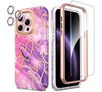 SHEDEER Coque pour iPhone 15 Pro,4 en1 Paillette Caméra Protection & Verre Trempé &Bumper & Housse Étui pour iPhone 15 Pro Marbre, Coque pour iPhone 15 Pro avec Paillettes,Brillant, Antichoc, Coeur