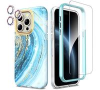 SHEDEER Coque pour iPhone 15 Pro,4 en1 Paillette Caméra Protection & Verre Trempé &Bumper & Housse Étui pour iPhone 15 Pro Marbre, Coque pour iPhone 15 Pro avec Paille,Brillant, Antichoc,Étoile Bleue