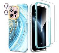 SHEDEER Coque pour iPhone 15 Pro Max avec Film Protecteur + Protection Caméra, TPU Antichoc Protection à 360°, Coques pour 15 Pro Max Brillante Motif résistant à la décoloration Étui 15 Pro Max, Bleu