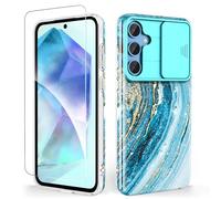 SHEDEER Coque pour Samsung Galaxy A55 avec Coulissante Protection de la Caméra& Verre Trempé, Coque pour Galaxy A55 IMD 3D Motif Double Face, 360 Protection Anti Choque, Étoile Bleue
