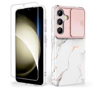 SHEDEER Coque pour Samsung Galaxy S24 Plus avec Coulissante Protection de la Caméra& Verre Trempé, Coque pour Galaxy S24 Plus Paillettes, IMD 3D Motif Double Face, 360 Protection Anti Choque,Marbre