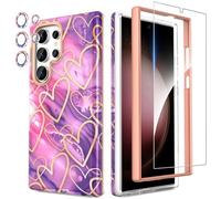 SHEDEER Coque pour Samsung Galaxy S24 Ultra, 4 en1 Paillette Caméra Protection & Verre Trempé & Bumper, Coque pour Galaxy S24 Ultra avec Paillettes, Brillant, Antichoc, Coeur