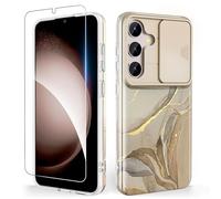 SHEDEER Coque pour Samsung S24 avec Coulissante Protection de la Caméra & Verre Trempé,IMD 3D Motif Double Face, 360 Protection Anti Choque Coque Galaxy S24, Elegant Blanc