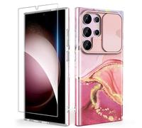 SHEDEER Coque pour Samsung S24 Ultra avec Coulissante Protection de la Caméra + Protecteur d'écran, Ultra-Fine Antichoc Coque Galaxy S24 Ultra, Brillante à Motif Résistant à la Décoloration, Rose