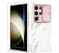 SHEDEER Coque pour Samsung S24 Ultra avec Coulissante Protection de la Caméra + Protecteur d'écran, Ultra-Fine Antichoc Coque Galaxy S24 Ultra, Brillante à Motif Résistant à la Décoloration, Marbre