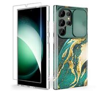 SHEDEER Coque pour Samsung S24 Ultra avec Coulissante Protection de la Caméra + Protecteur d'écran, Ultra-Fine Antichoc Coque Galaxy S24 Ultra, Brillante à Motif Résistant à la Décoloration, Vert