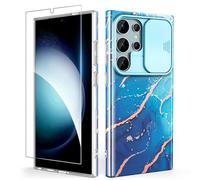 SHEDEER Coque pour Samsung S24 Ultra avec Coulissante Protection de la Caméra& Verre Trempé, Coque pour Galaxy S24 Ultra IMD 3D Motif Double Face, 360 Protection Anti Choque, Bleu Océan
