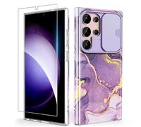 SHEDEER Coque pour Samsung S24 Ultra avec Coulissante Protection de la Caméra& Verre Trempé, Coque S24 Ultra IMD 3D Motif Double Face, 360 Protection Anti Choque (Violet)