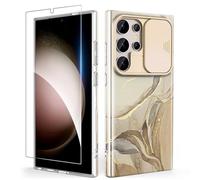 SHEDEER Coque pour Samsung S24 Ultra avec Coulissante Protection de la Caméra& Verre Trempé, Coque S24 Ultra IMD 3D Motif Double Face, 360 Protection Anti Choque, Elegant Blanc