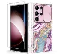 SHEDEER Coque pour Samsung S24 Ultra avec Coulissante Protection de la Caméra& Verre Trempé,Coque S24 Ultra 3D Motif Double Face,360 Protection Anti Choque,Meteor Shower Violet