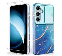 SHEDEER Coque pour Samsung S25 avec Coulissante Protection de la Caméra& Verre Trempé, Coque pour Galaxy S25 IMD 3D Motif Double Face, 360 Protection Anti Choque, Bleu Océan