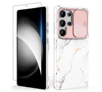 SHEDEER Coque pour Samsung S25 Ultra avec Coque d'appareil Photo coulissante + Protecteur d'écran, Coque Brillante et élégante, Fine et légère pour Samsung S25 Ultra 6,8" Marbre