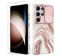 SHEDEER Coque pour Samsung S25 Ultra avec Coulissante Protection de la Caméra& Verre Trempé, Coque pour Galaxy S25 Ultra IMD 3D Motif Double Face, 360 Protection Anti Choque, Paillettes, Or Rose