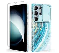 SHEDEER Coque pour Samsung S25 Ultra avec Coulissante Protection de la Caméra& Verre Trempé, Coque pour Galaxy S25 Ultra IMD 3D Motif Double Face,360 Protection Anti Choque, Paillettes, Étoile Bleue