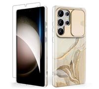 SHEDEER Coque pour Samsung S25 Ultra avec Coulissante Protection de la Caméra& Verre Trempé, Coque S25 Ultra IMD 3D Motif Double Face, 360 Protection Anti Choque, Elegant Blanc