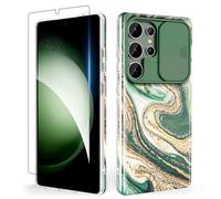 SHEDEER Coque pour Samsung S25 Ultra avec Coulissante Protection de la Caméra& Verre Trempé, Coque S25 Ultra IMD 3D Motif Double Face, 360 Protection Anti Choque, Quicksand Vert