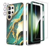 SHEDEER Coque pour Samsung S25 Ultra avec Verre Trempé + Protection Caméra, Coques pour Galaxy S25 Ultra TPU Antichoc Protection à 360°, Brillante Motif Résistant à la Décoloration étuis, Vert