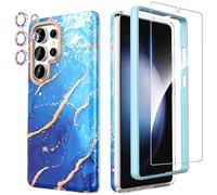 SHEDEER Coque pour Samsung S25 Ultra avec Verre Trempé + Protection Caméra, Coques pour Galaxy S25 Ultra TPU Antichoc Protection à 360°, Brillante Motif Résistant à la Décoloration étuis, Bleu