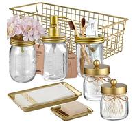 SheeChung Ensemble Complet d'accessoires de Salle de Bain Mason Jar 8 pièces - Distributeur de Savon, Porte-Brosse à Dents, 2 Supports QTip, Vase à Fleurs, Porte-Savon, Plateau de courtoisie