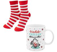 Sheepworld Tassen-Socken-Set bestehend aus einer Tasse mit Motivdruck: "Kuscheln, Chillen, Glühwein killen!" und einem Paar Socken in Größe 36-40