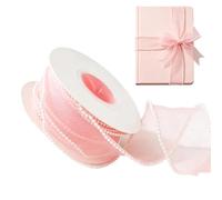 Sheer Ribbon 4.5 Meters - Pink Mesh Decorative With Pearl Edge | Wedding Ribbon Bridal Decorations Graduation Birthday DIY Crafts Bouquet Invitations Wrapping