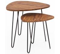 Sheesham WL5.659 Lot de 2 petites tables gigognes design en métal avec 2 tables basses en bois massif et structure métallique
