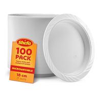 Shefa Lot de 100 assiettes blanches réutilisables et lavables - Vaisselle résistante - Passe au micro-ondes - Idéales pour les anniversaires, les fêtes, le camping, la restauration (17,8 cm)