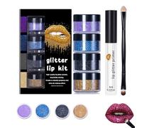 Sheglittary Glitter Lip Kit, 8 Color Sparkling Lip Gloss Set, Long Lasting Shiny Glitter Lips Powder Set with Lips Primer and Brush, Waterproof Smudge Proof (4pcs-b)