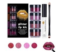 Sheglittary Glitter Lip Kit, 8 Color Sparkling Lip Gloss Set, Long Lasting Shiny Glitter Lips Powder Set with Lips Primer and Brush, Waterproof Smudge Proof (4pcs-a)