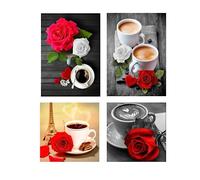 SHEGZHUC 4 Pack Peinture Diamant Thème Café 30x40 cm - Tasse à Café, Cuisine, Rose Rouge - Broderie Diamant Fleur et Rose
