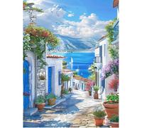 SHEGZHUC 40 x 50 cm Pierres carrées Peinture diamant Maison au bord de la mer Santorin Mer Égée Diamond Painting Paysage Montagnes Mosaïque Diamant Peinture Art Broderie Point de Croix Images Cadeau