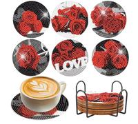 SHEGZHUC Diamond Painting Dessous de Verre Rose Lot de 6 Diamond Painting sous Verre Diamant Painting avec Support Broderie Diamant sous Verre Fleurs et Rose Love pour Café Tasses à Thé et Boissons