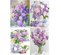 SHEGZHUC Diamond Painting Fleur Lilas Violet Lot de 4 30x40cm Diamond Painting Bouquet Fleurs Canevas Kit Complet Adulte Fleur Violet Broderie Diamant Rose Pourpre Peinture Diamant Fleur en Vase