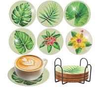 SHEGZHUC Diamond Painting Sous-verres Feuilles Plante verte Lot de 6 sous-verres de peinture au diamant Sous-verre Broderie diamant Sous-verre Verre Café Thé Tasses et boissons