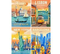 SHEGZHUC Lot de 4 posters de peinture diamant pour adultes - 30 x 40 cm - Peinture diamant - Venise Lisbonne - New York Barcelone - Mosaïque - Broderie au point de croix - Cadeau - Décoration murale