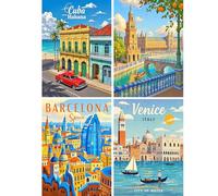 SHEGZHUC Lot de 4 posters Diamond Painting Adulte Ville 30 x 40 cm Peinture diamant Images Cuba Barcelone Venise Italie Mosaïque Broderie Point de Croix Art Cadeau Décoration murale pour chambre à