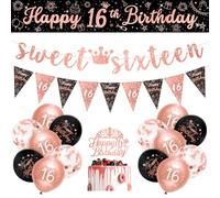 Sheinly Filles 16e Anniversaire Décorations Noir Rose Or Sweet Sixteen Décorations 16 Pack Filles Joyeux 16e Anniversaire Bannière Banderoles Kit par