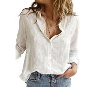 SHEKINI Chemisier Femme Coton Lin Manches Longues Chic et élégant Chemise Lin Boutonné Décontracté Blouse Haut Top Col en V Coupe Ample