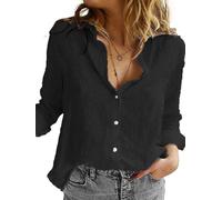 SHEKINI Chemisier Femme Coton Lin Manches Longues Chic et élégant Chemise Lin Boutonné Décontracté Blouse Haut Top Col en V Coupe Ample