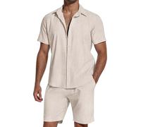 SHEKINI Ensemble de 2 pièces pour homme en coton et lin - Chemises à manches courtes à boutons - Costumes de jogging - Shorts de plage d'été - Tenues décontractées pour les vacances - Vêtements de