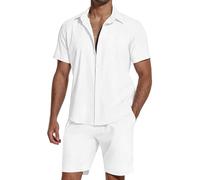 SHEKINI Ensemble en coton et lin pour homme - Chemise décontractée à manches courtes et short léger - Respirant, confortable pour les loisirs d'été et la détente à la plage, blanc, M