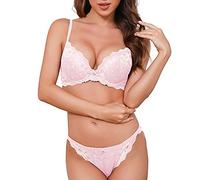 SHEKINI Ensemble Lingerie Femme Push up Dentelle Armature Soutien Gorge Ensembles de Lingerie 2 Pièces Rose 90B