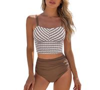 SHEKINI Ensemble Tankini Femme Deux Pièces Maillot de Bain avec Serre-ventre Fronces Haut de Bikini Bandeau Crop Top Taille Haute Culotte de Bain Maillot de Bain, M