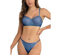 SHEKINI Lingerie sexy pour femme - Soutien-gorge push-up rembourré avec armatures - Soutien-gorge push-up et string sans bretelles - Dos nu - Décolleté profond - Ensemble de lingerie, bleu brume,