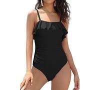 SHEKINI Maillot de Bain Femme 1 Pièce Bandeau Volants Ruched Amincissante Beachwear Halter Réglables Bretelles Body Guide Swimsuit(M,Noir)