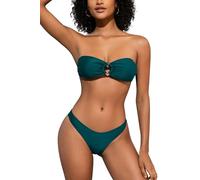 SHEKINI Maillot de Bain Femme 2 Pieces Bandeau O-Ring Haut à Lacets au Dos Bikini Set Sexy sans Bretelles Bikini Deux Pièces（L,Bleu Paon）