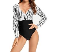 SHEKINI Maillot de Bain Imprimé Femme 1 Pièce Col en V Profond Manches Longues Protection Beachwear Halter Rash Guard Surf Body Guide Swimsuit(XL,Noir)